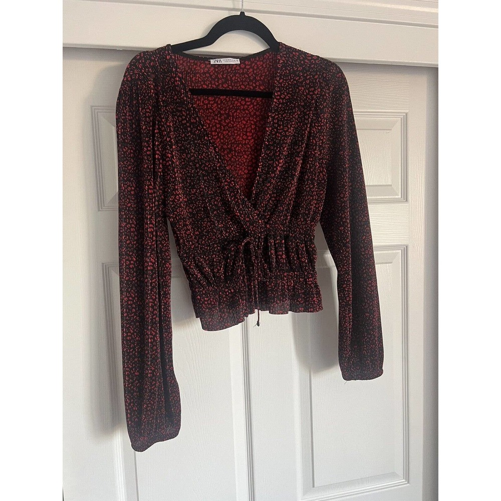 Zara Womens Blouse Medium Red Pleated Deep V-Neck Long Sleeve Tie Front Top